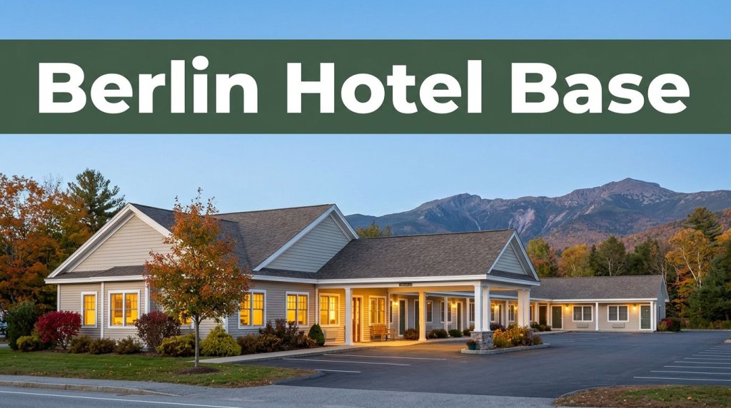 Roadside motel with glowing windows and White Mountains under a blue autumn sky.
