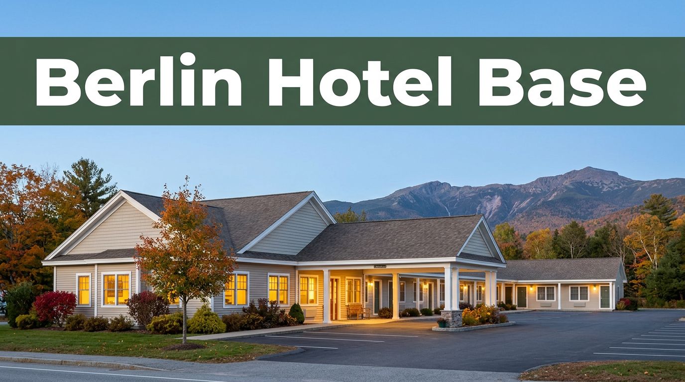 Roadside motel with glowing windows and White Mountains under a blue autumn sky.
