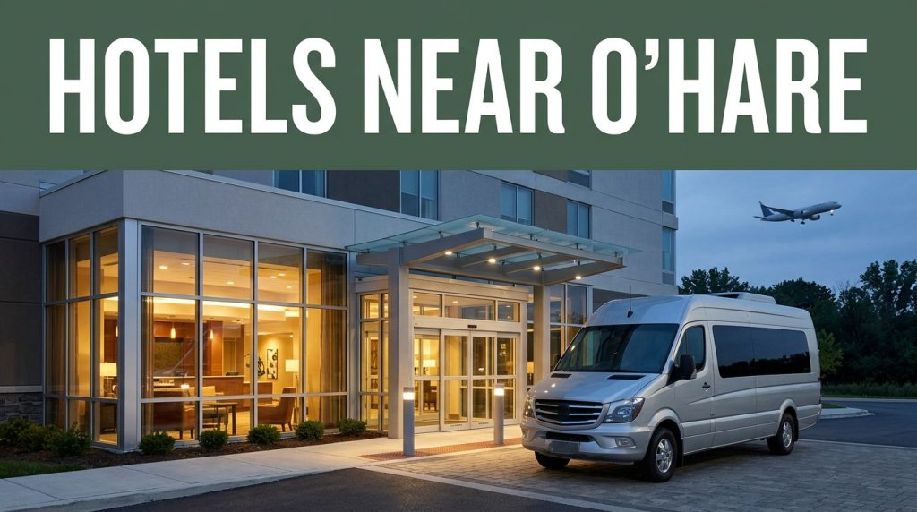 A warmly lit airport hotel with a shuttle and airplane in the evening sky.