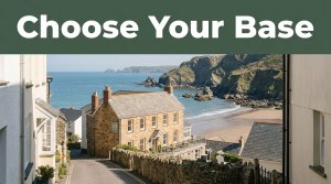 A seaside hotel overlooks cliffs, blue sea, and a sandy beach in North Devon.