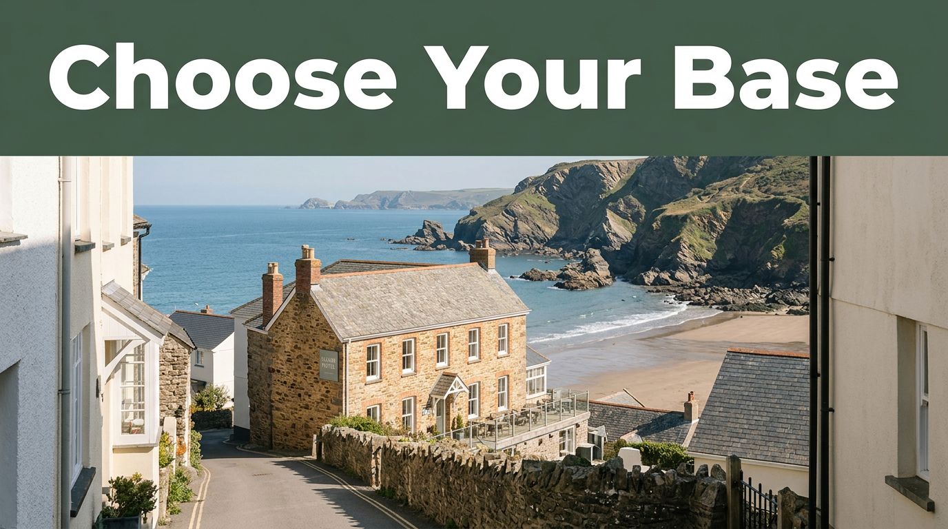 A seaside hotel overlooks cliffs, blue sea, and a sandy beach in North Devon.