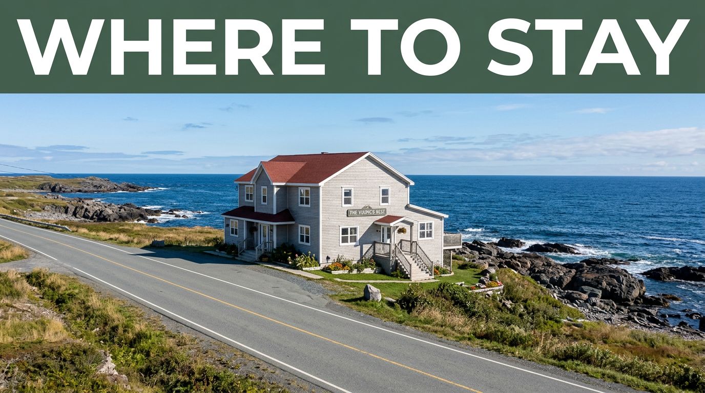 A coastal hotel beside rocky shore in St. Anthony under a green Where To Stay banner.