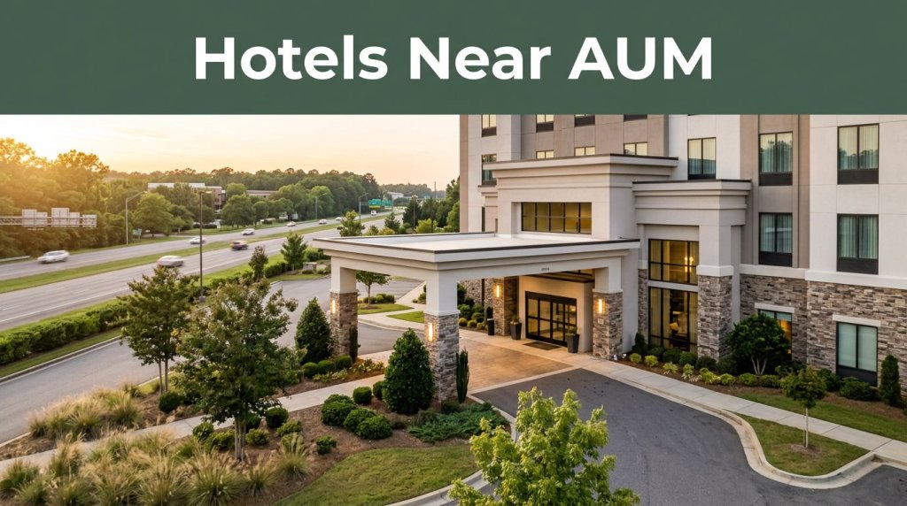 A landscaped hotel entrance at sunset with a dark-green Hotels Near AUM banner.
