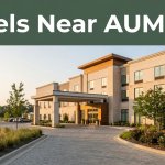 Modern hotel entrance near AUM with landscaping and a green Hotels Near AUM banner.