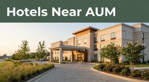 Modern hotel entrance near AUM with landscaping and a green Hotels Near AUM banner.