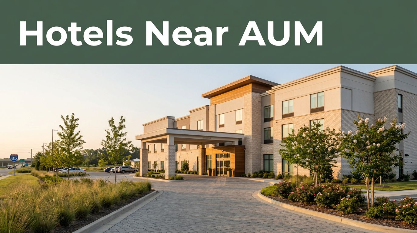 Modern hotel entrance near AUM with landscaping and a green Hotels Near AUM banner.