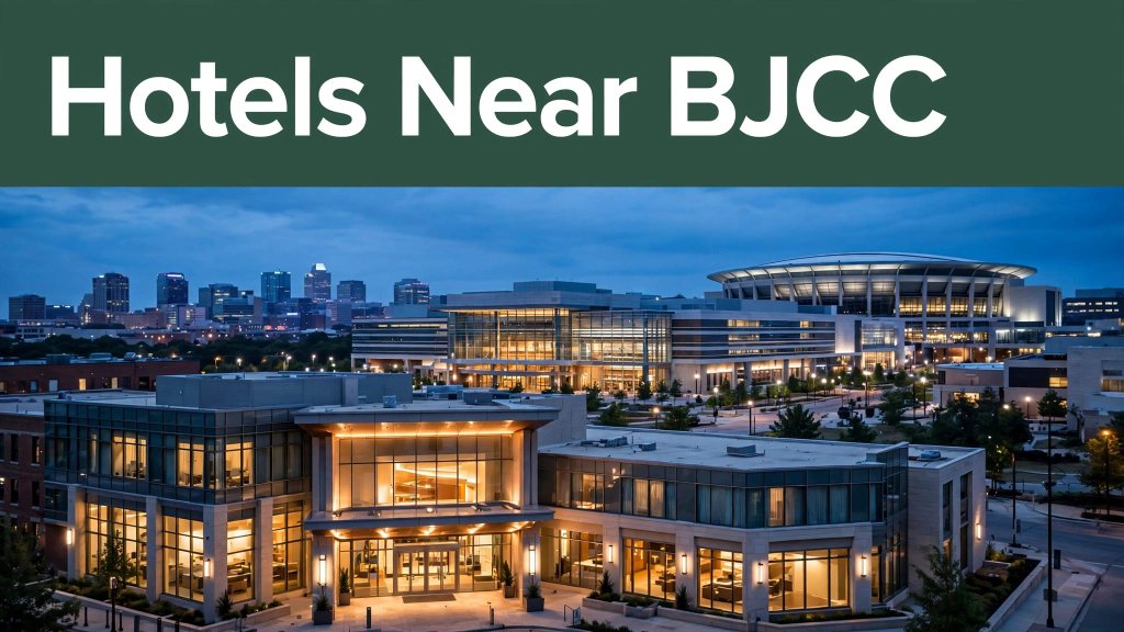 A downtown hotel glows beside Birmingham’s BJCC campus at dusk.