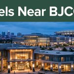 A downtown hotel glows beside Birmingham’s BJCC campus at dusk.