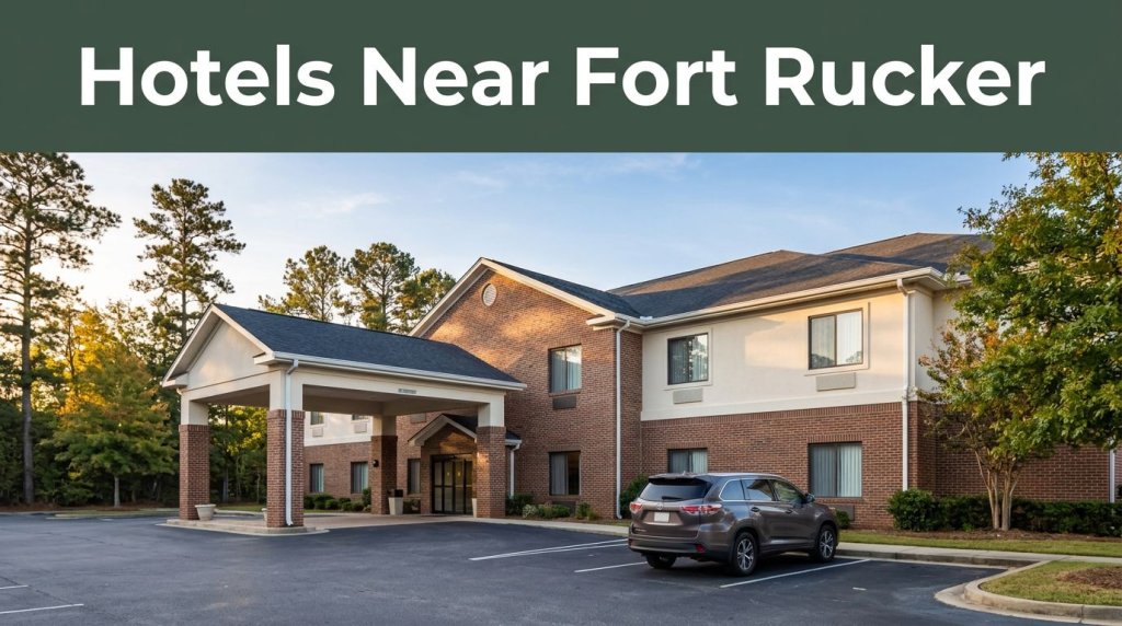 A roadside hotel with a family SUV parked near its entrance at sunrise.