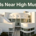 Atlanta’s High Museum of Art seen from a hotel terrace beneath a green headline band.