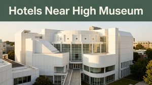 Atlanta’s High Museum of Art seen from a hotel terrace beneath a green headline band.