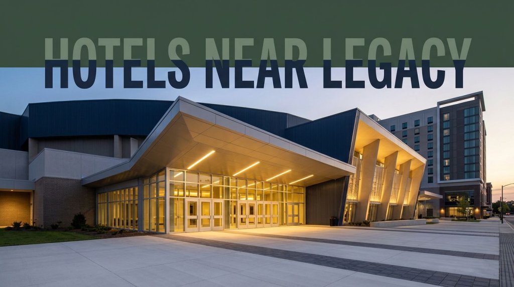 Legacy Arena entrance with a nearby hotel under a dark-green headline band at blue hour.
