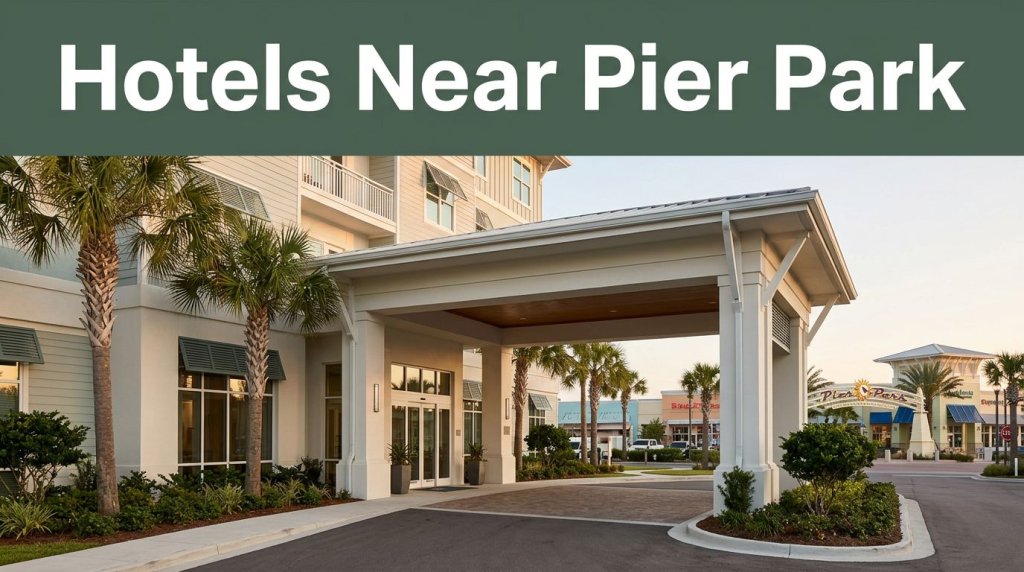 Stylish hotel entrance with palm trees and a shopping district in the background.