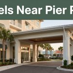 Stylish hotel entrance with palm trees and a shopping district in the background.