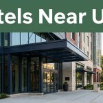 Modern hotel entrance near UAB with campus greenery in the background.