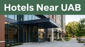 Modern hotel entrance near UAB with campus greenery in the background.