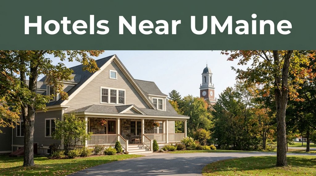 Hotel exterior in Orono with autumn trees and a university clock tower in the background.