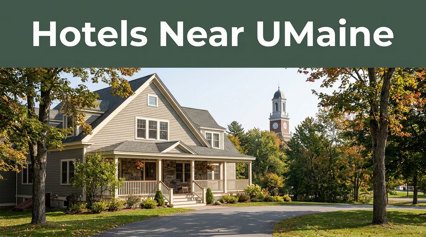 Hotel exterior in Orono with autumn trees and a university clock tower in the background.