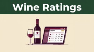 Wine bottle and glass beside a laptop with a ratings dashboard.