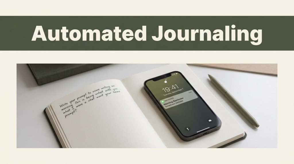 An open journal, smartphone reminder, and pen sit beneath an Automated Journaling headline.