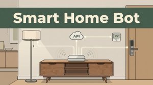 Smart home hub linking a lamp, thermostat, lock, and cloud node beneath a green headline.