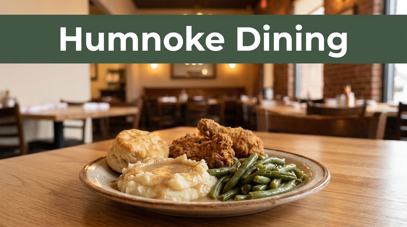 Southern comfort food on a wooden table with a green Humnoke Dining banner.