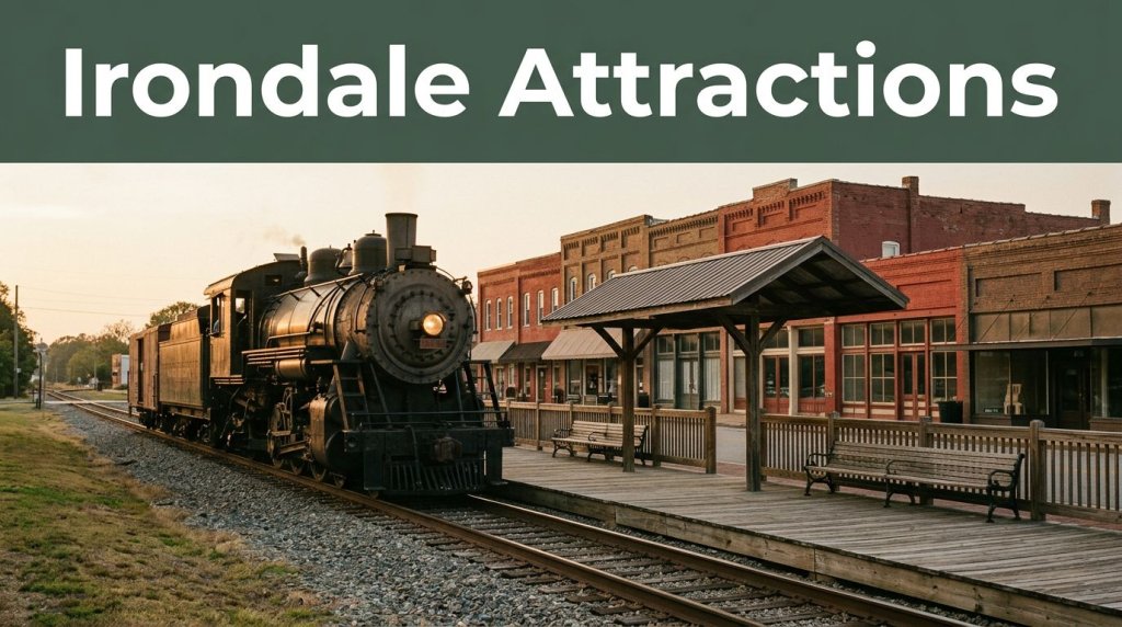 A vintage train passes brick storefronts and a viewing platform in downtown Irondale, Alabama.