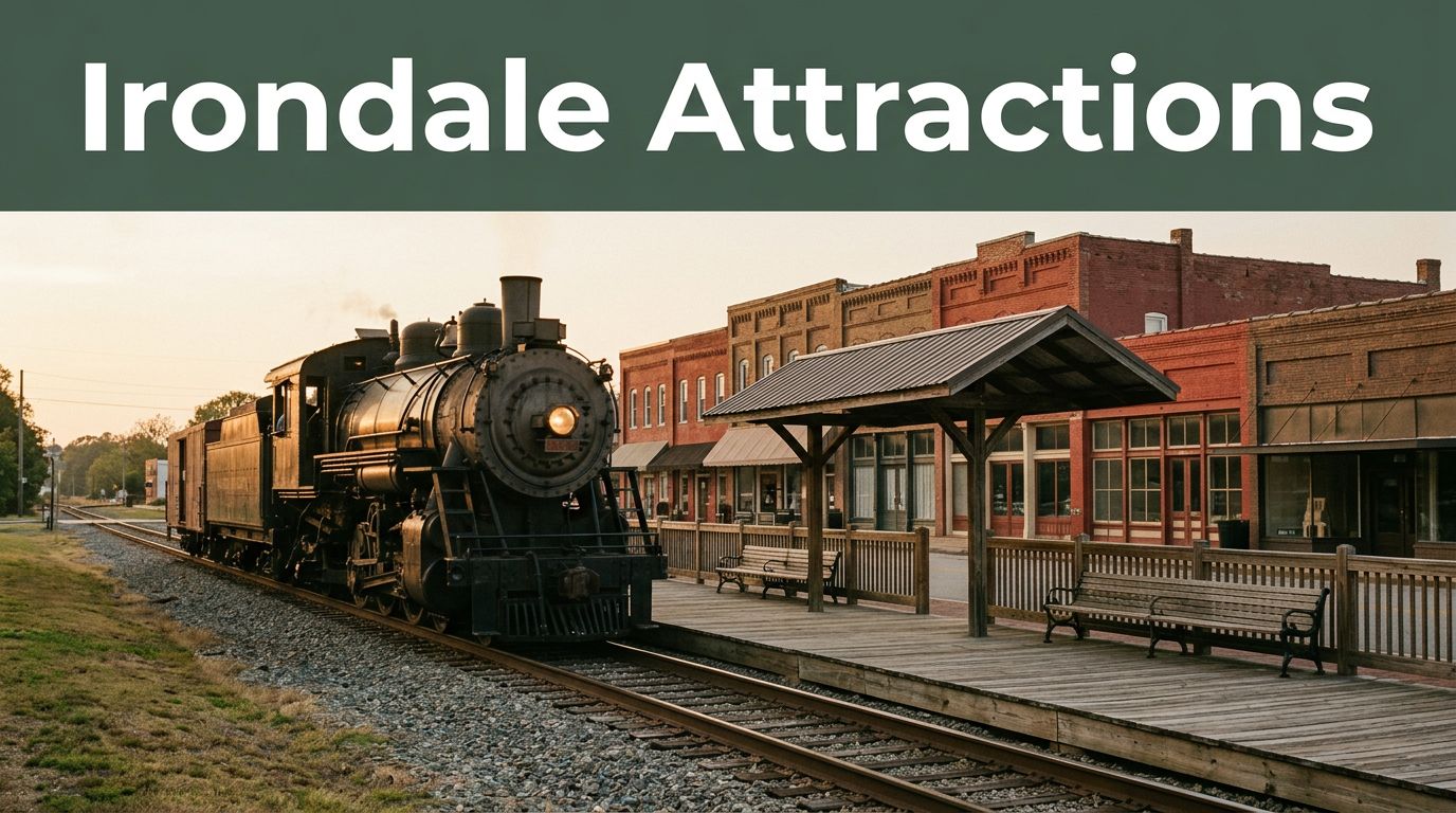 A vintage train passes brick storefronts and a viewing platform in downtown Irondale, Alabama.
