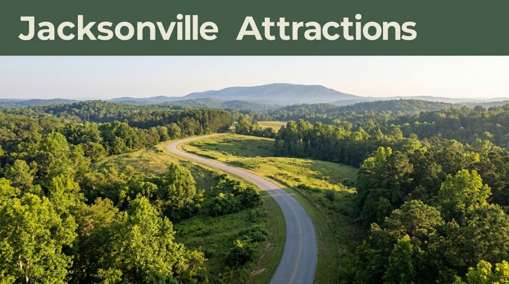 The Chief Ladiga Trail winds through green foothills beneath a Jacksonville Attractions banner.