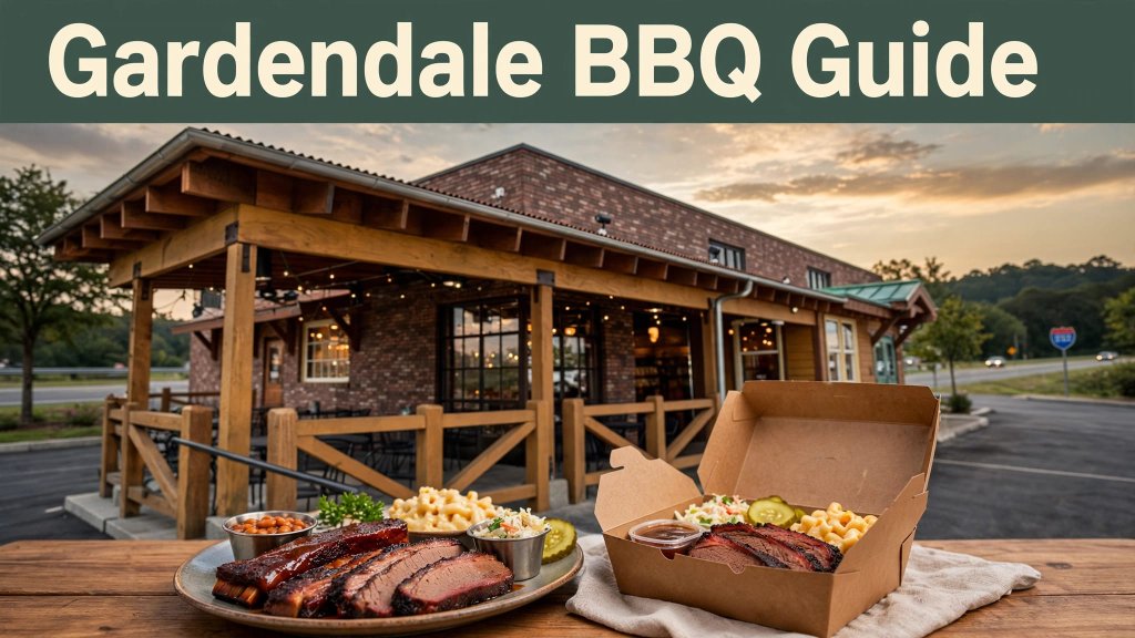 A barbecue restaurant exterior with a meal and takeout box in front.