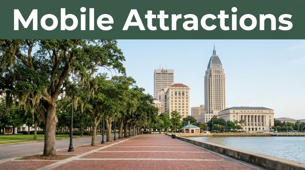 Mobile’s waterfront promenade and downtown skyline beneath an Attractions banner.