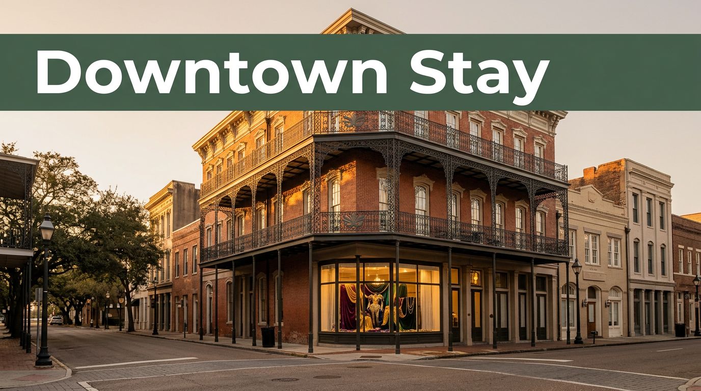 Historic Mobile hotel with Carnival details and Mardi Gras regalia visible through the lobby window.