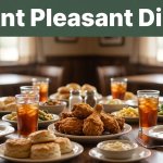 Country-cooking dishes and iced tea sit on a rustic restaurant table.