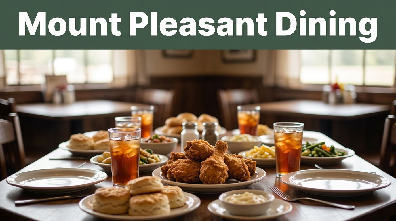 Country-cooking dishes and iced tea sit on a rustic restaurant table.