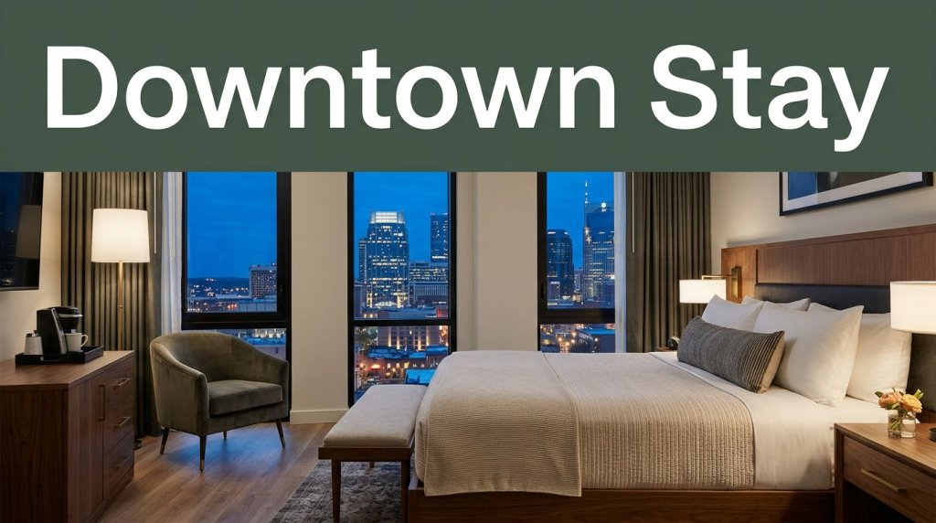 Boutique hotel room with a refined bed, velvet chair, and Nashville skyline view.