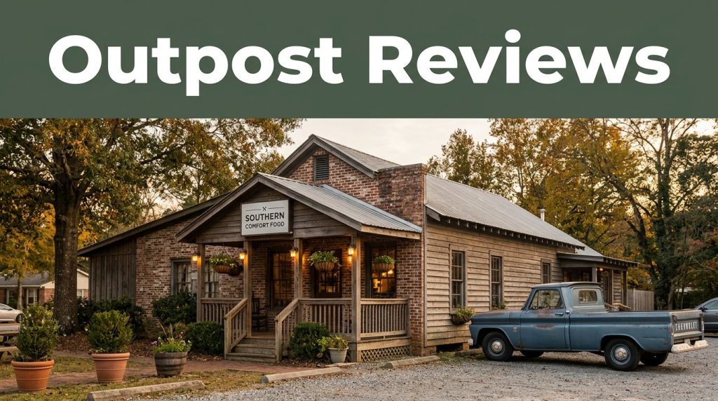 A roadside restaurant with a vintage pickup and a green Outpost Reviews banner at sunset.