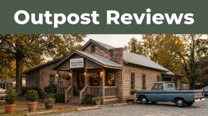 A roadside restaurant with a vintage pickup and a green Outpost Reviews banner at sunset.