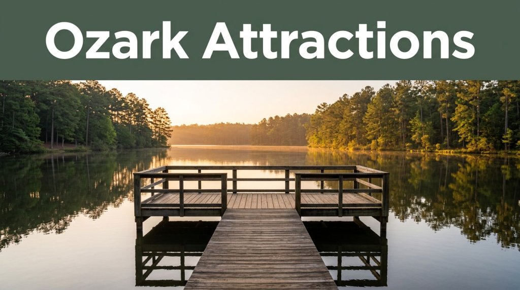 A wooden dock reaches into a calm Ozark lake beneath pine trees and a green headline banner.