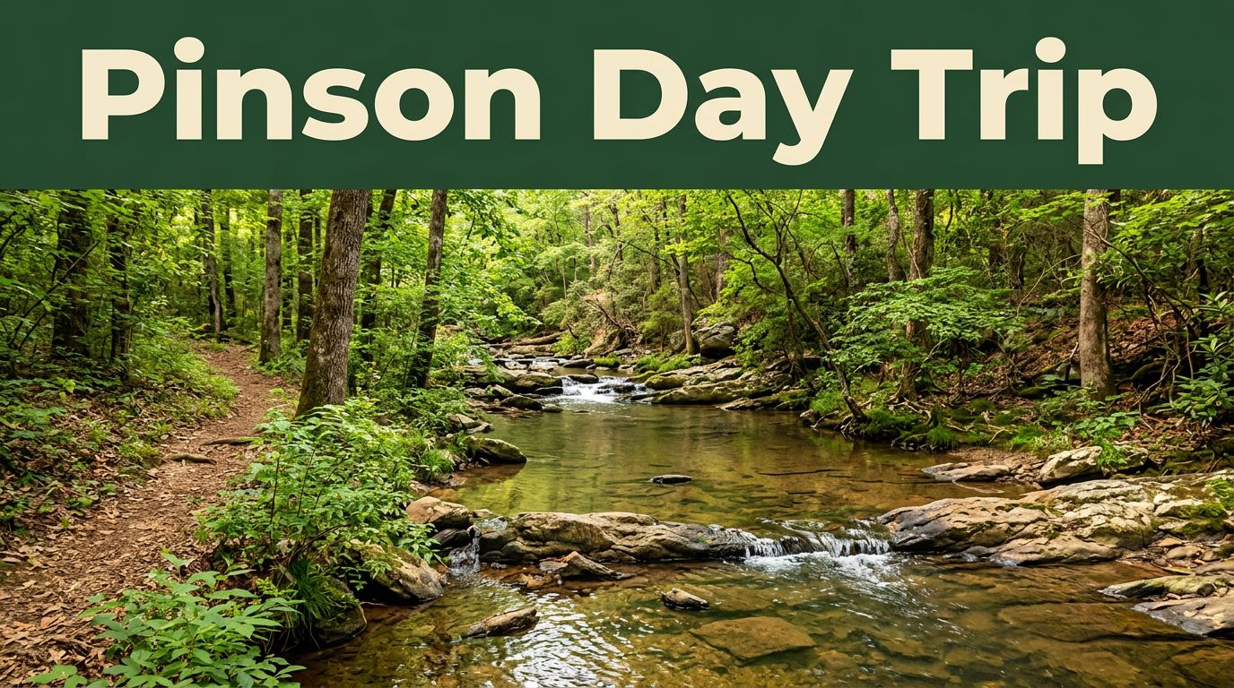 A rocky creek and forest trail beneath a green Pinson Day Trip banner.