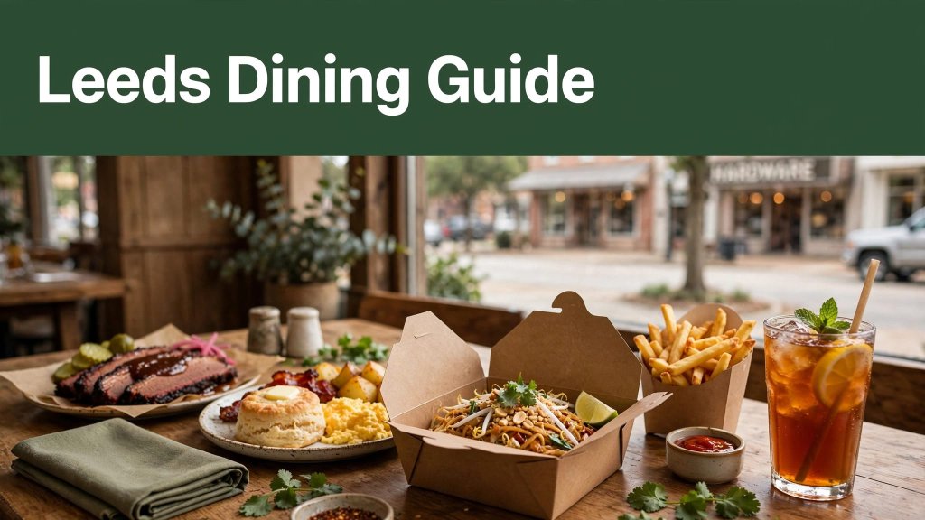A restaurant table with barbecue, breakfast, Thai food, fries, and iced tea beneath a green dining guide banner.