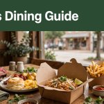 A restaurant table with barbecue, breakfast, Thai food, fries, and iced tea beneath a green dining guide banner.