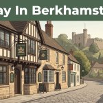 A historic inn on Berkhamsted High Street with castle stonework and a green headline banner.