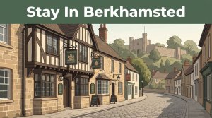 A historic inn on Berkhamsted High Street with castle stonework and a green headline banner.
