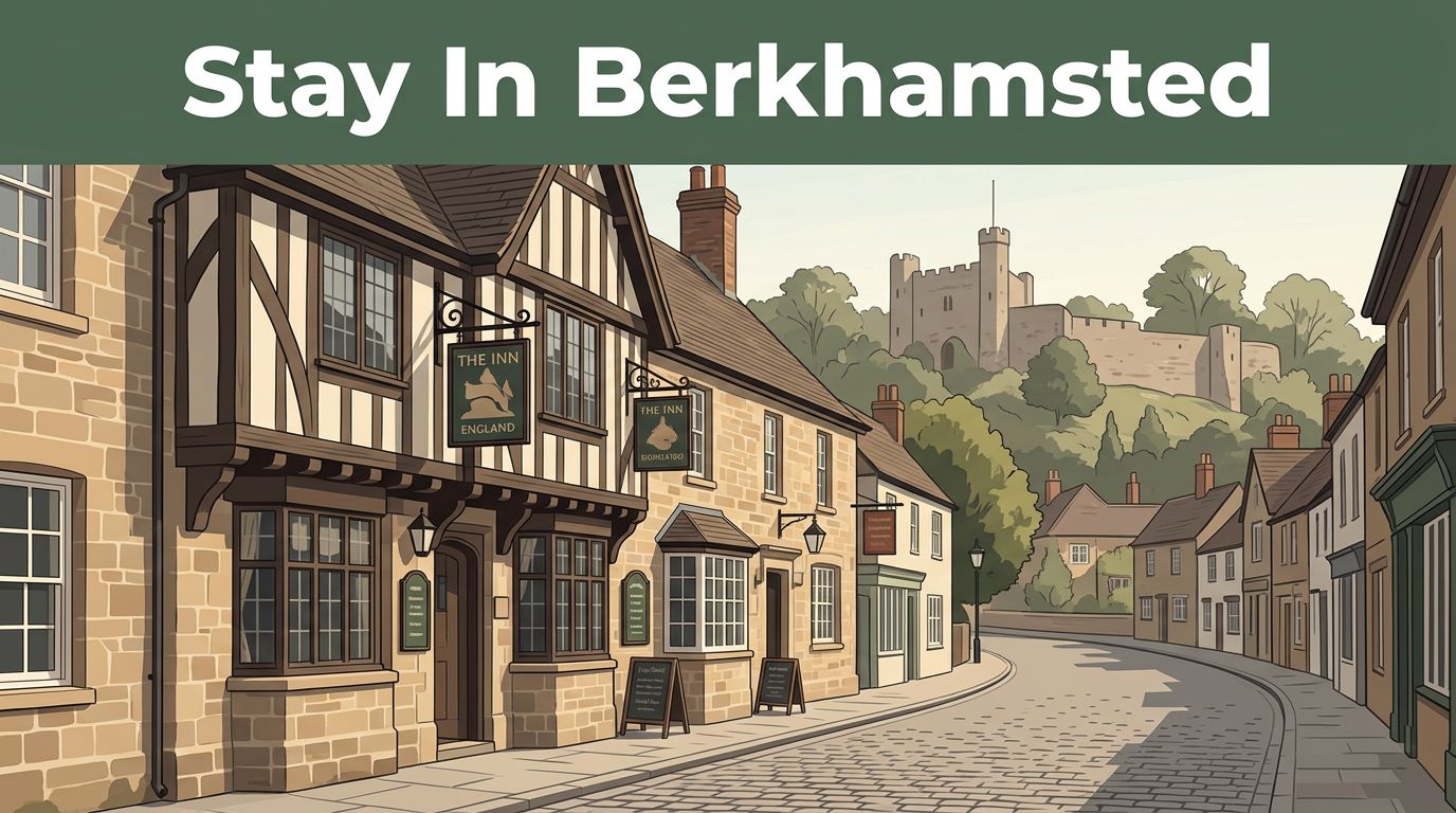 A historic inn on Berkhamsted High Street with castle stonework and a green headline banner.
