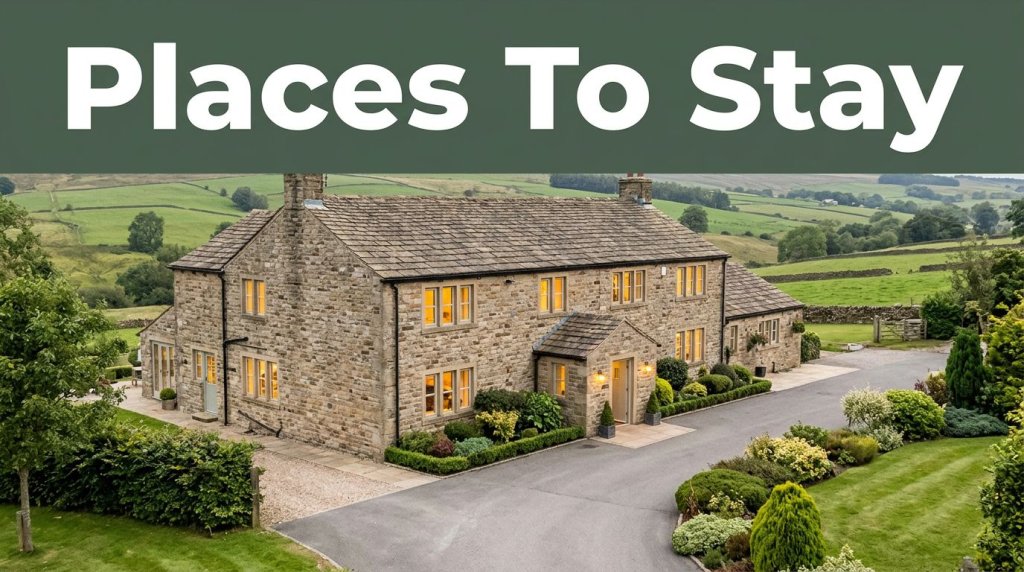 Stone inn with glowing windows beside green countryside and a neat driveway.