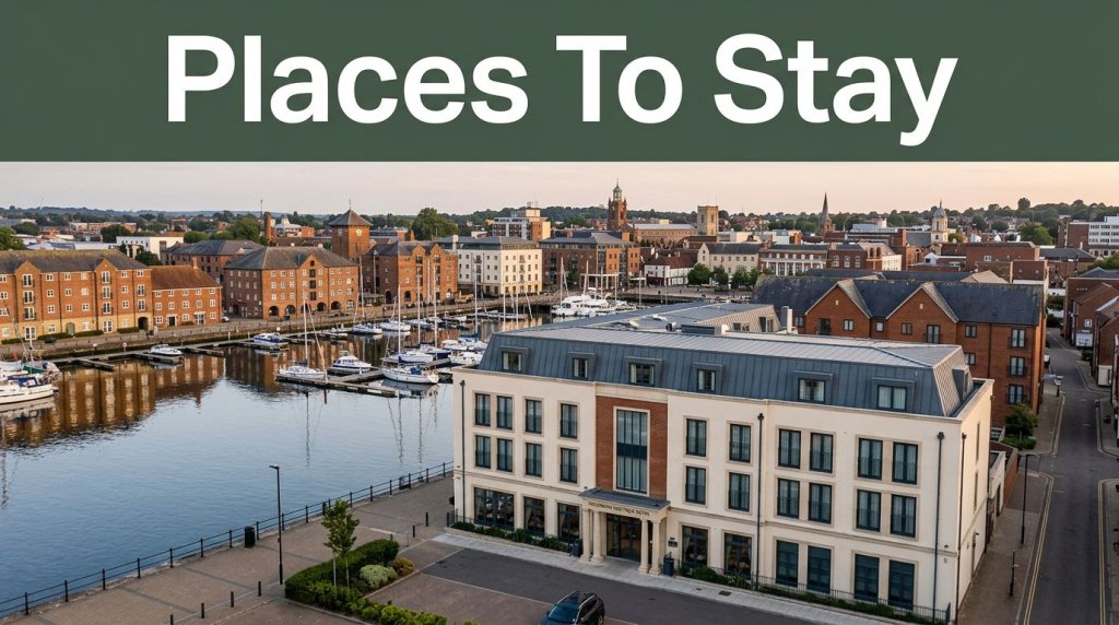 A boutique hotel overlooks Ipswich marina beneath a green Places To Stay banner.