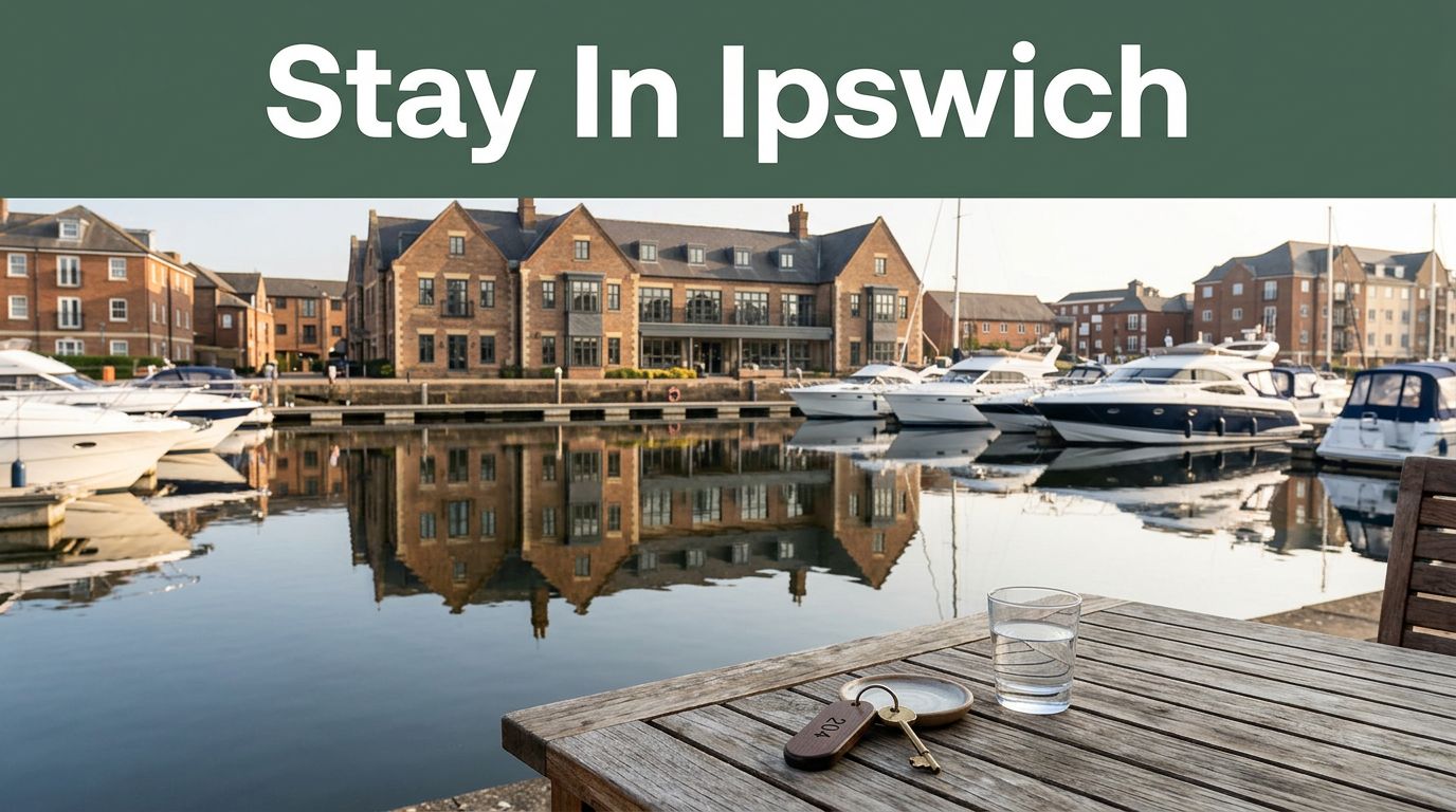 A hotel overlooks Ipswich Marina with historic buildings, reflections, and a room key in front.