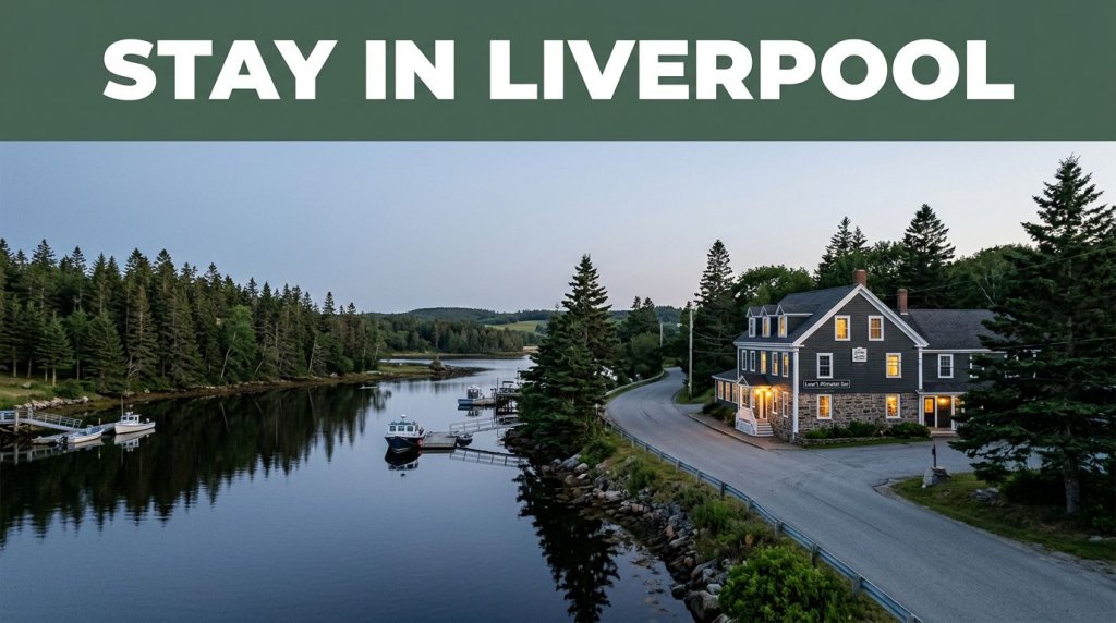 A riverside inn glowing beside a quiet road in Liverpool, Nova Scotia.