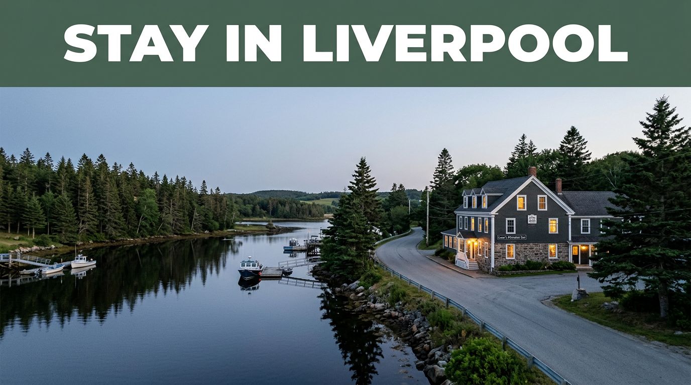 A riverside inn glowing beside a quiet road in Liverpool, Nova Scotia.