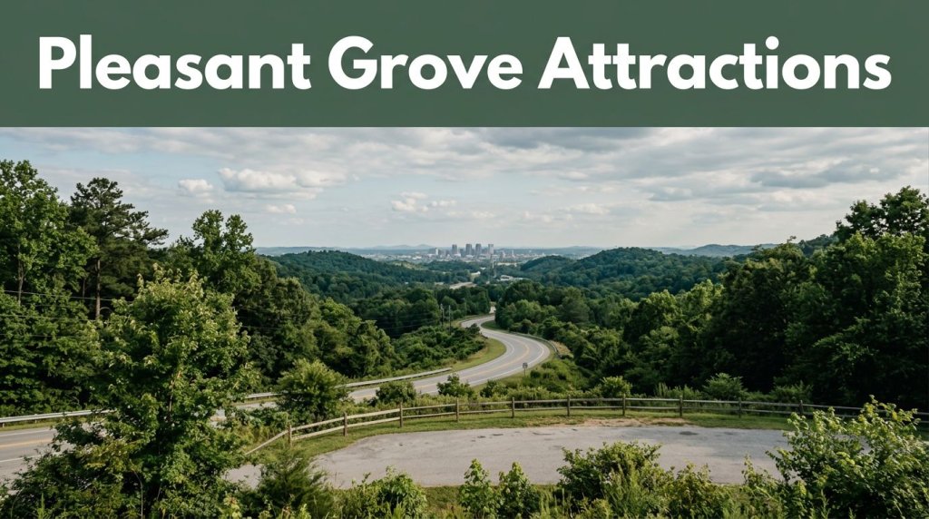 A winding road through green Alabama scenery with Birmingham’s skyline in the distance.